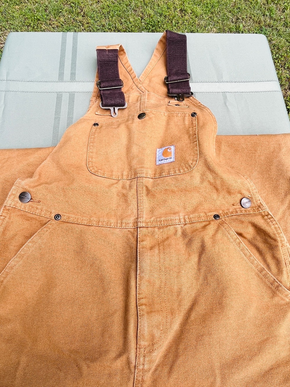 Carhartt Tan Canvas Bib Overalls with Dark Brown Straps